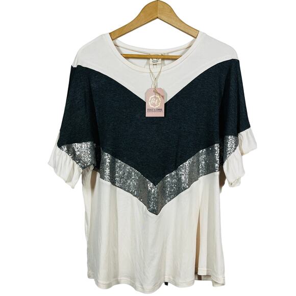 NEW! Grace & Emma Scoop Net Jersey Tunic Top Sequin Chevron Short Sleeve - L - Picture 1 of 6